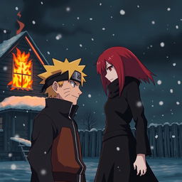 Naruto, depicted with an intense expression of anger, faces a girl with striking red hair and red eyes