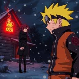 Naruto, depicted with an intense expression of anger, faces a girl with striking red hair and red eyes