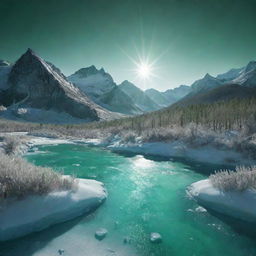 An icy landscape sparkling under the sun, entirely rendered in shades of brilliant emerald green