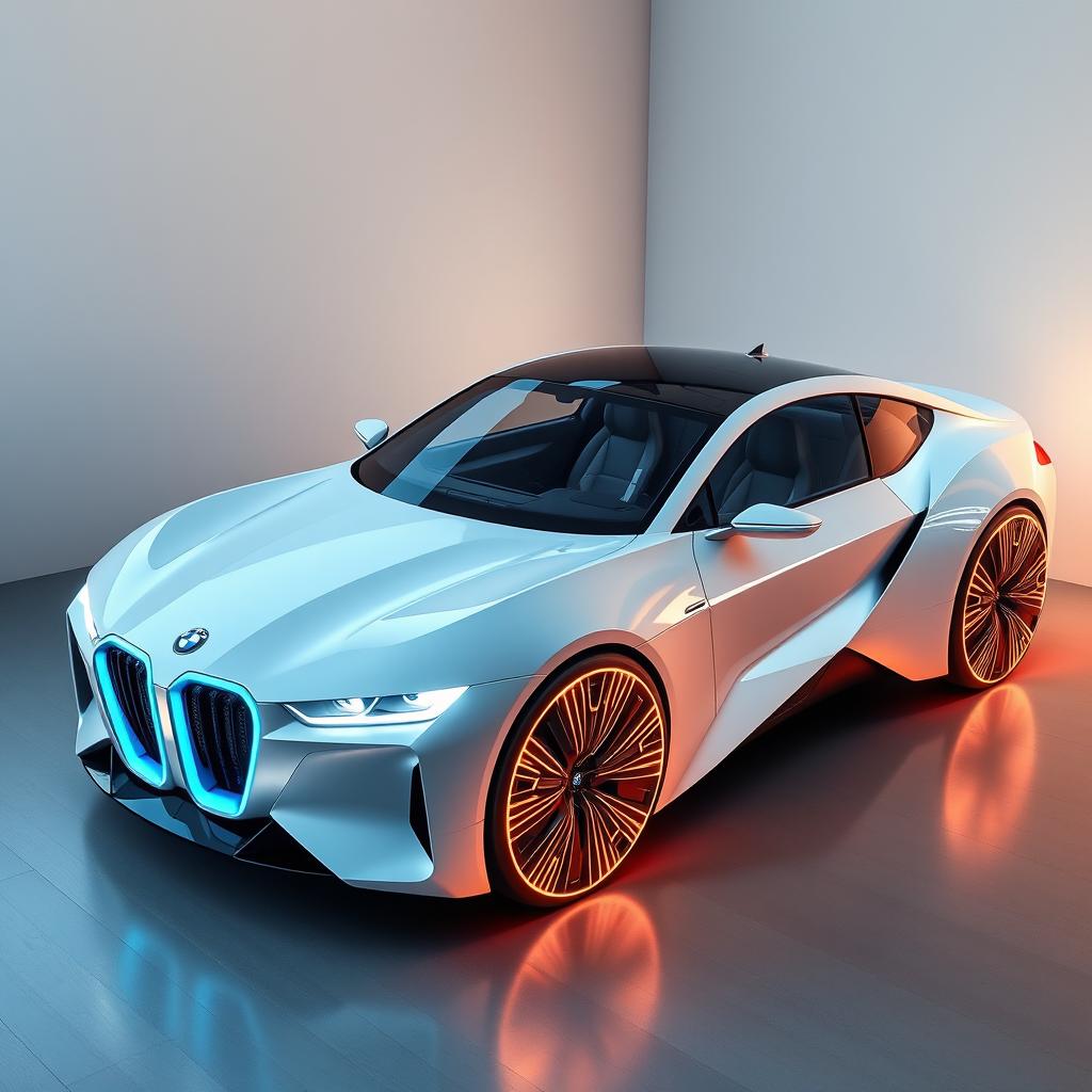 A futuristic BMW car designed for the year 2033, featuring sleek, aerodynamic contours and a cutting-edge, electric-powered engine