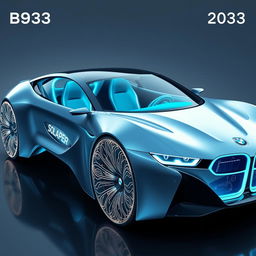 A futuristic BMW car designed for the year 2033, featuring sleek, aerodynamic contours and a cutting-edge, electric-powered engine