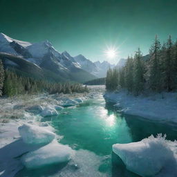 An icy landscape sparkling under the sun, entirely rendered in shades of brilliant emerald green