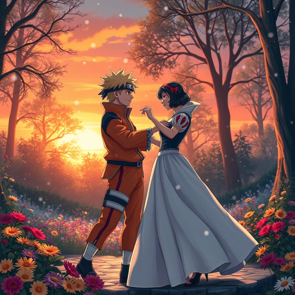 Naruto Uzumaki dancing gracefully with Snow White under gently falling snowflakes at sunset