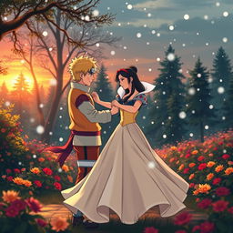 Naruto Uzumaki dancing gracefully with Snow White under gently falling snowflakes at sunset