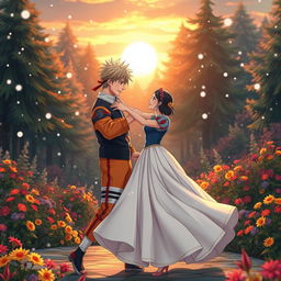 Naruto Uzumaki dancing gracefully with Snow White under gently falling snowflakes at sunset