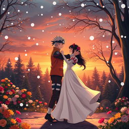 Naruto Uzumaki dancing gracefully with Snow White under gently falling snowflakes at sunset