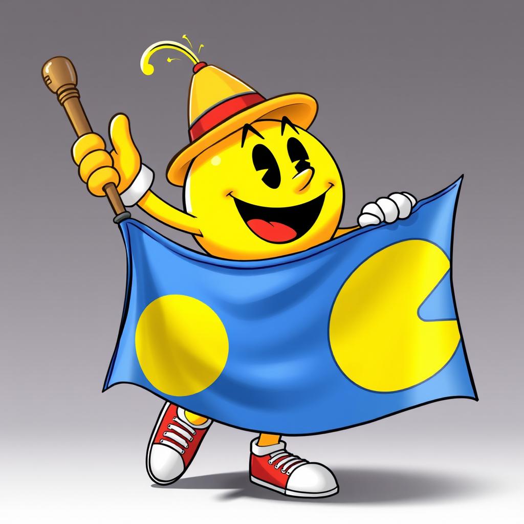 A lively and animated Pac-Man character enthusiastically grabbing a flag with the Pac-Man symbol on it