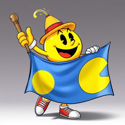 A lively and animated Pac-Man character enthusiastically grabbing a flag with the Pac-Man symbol on it