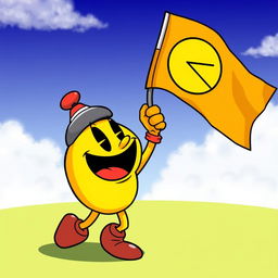 A lively and animated Pac-Man character enthusiastically grabbing a flag with the Pac-Man symbol on it