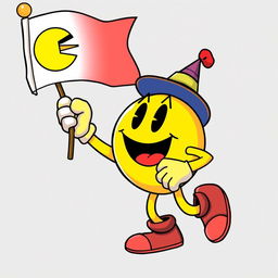 A lively and animated Pac-Man character enthusiastically grabbing a flag with the Pac-Man symbol on it