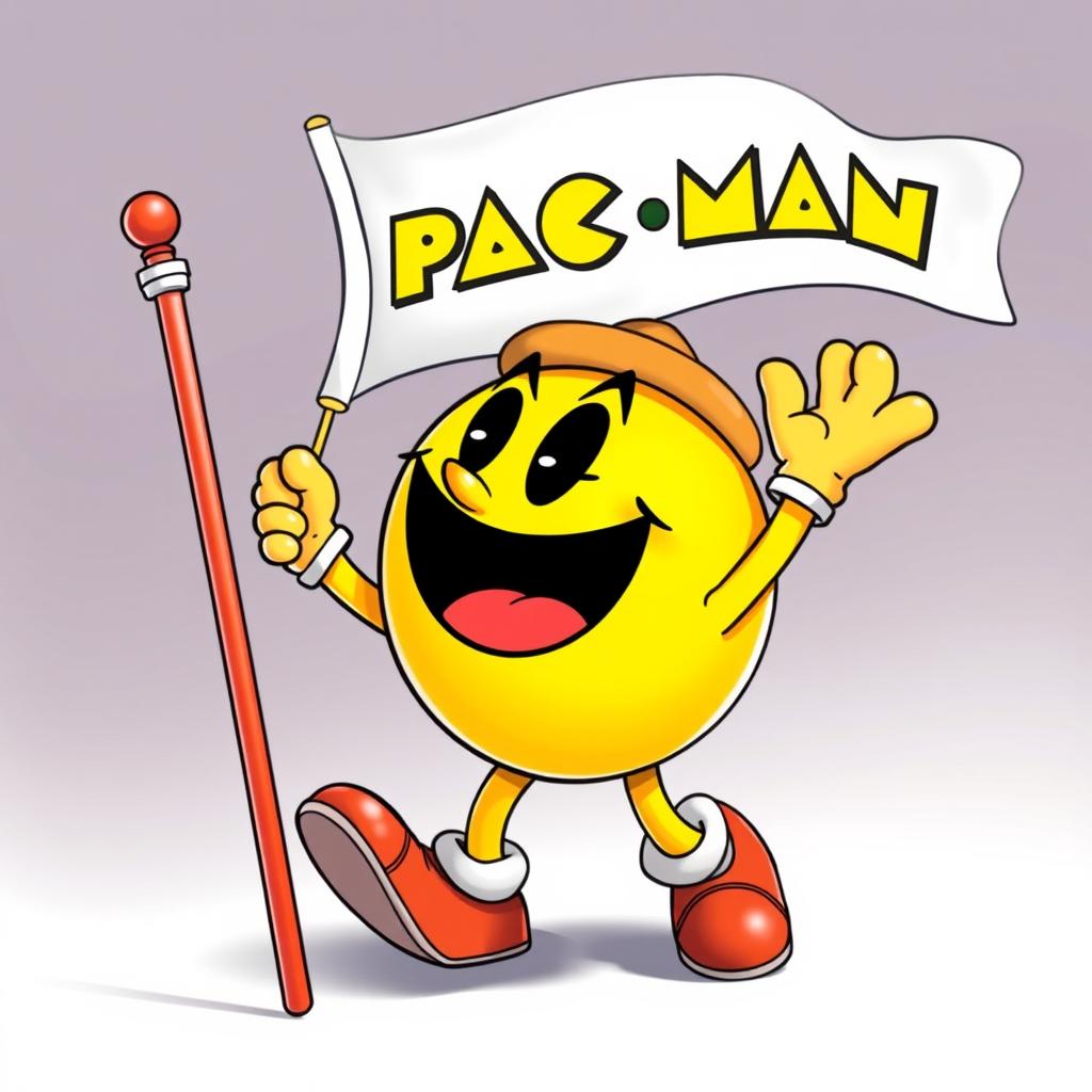 A lively and animated Pac-Man character enthusiastically grabbing a flag with the Pac-Man symbol on it