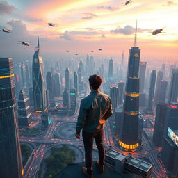 A futuristic scene depicting a person standing at the edge of a vast, technologically advanced cityscape