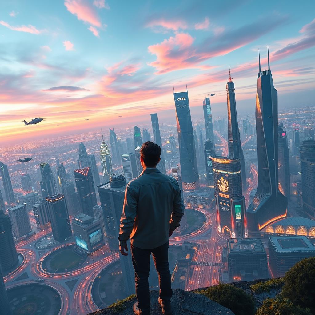 A futuristic scene depicting a person standing at the edge of a vast, technologically advanced cityscape