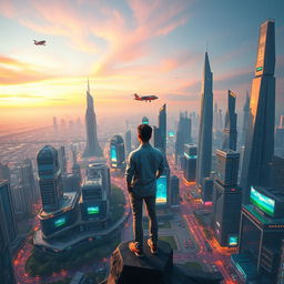 A futuristic scene depicting a person standing at the edge of a vast, technologically advanced cityscape