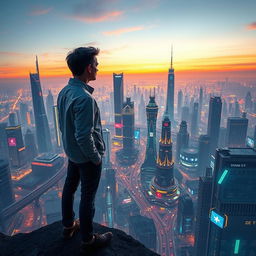 A futuristic scene depicting a person standing at the edge of a vast, technologically advanced cityscape