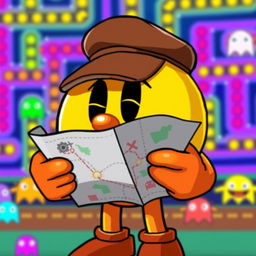 Pac-Man wearing a flat cap, holding a map, in a Pac-Man World setting