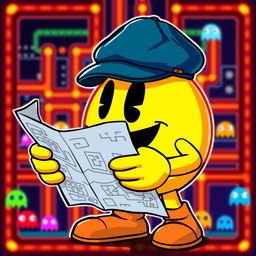 Pac-Man wearing a flat cap, holding a map, in a Pac-Man World setting