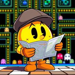 Pac-Man wearing a flat cap, holding a map, in a Pac-Man World setting