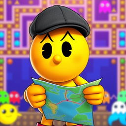 Pac-Man wearing a flat cap, holding a map, in a Pac-Man World setting