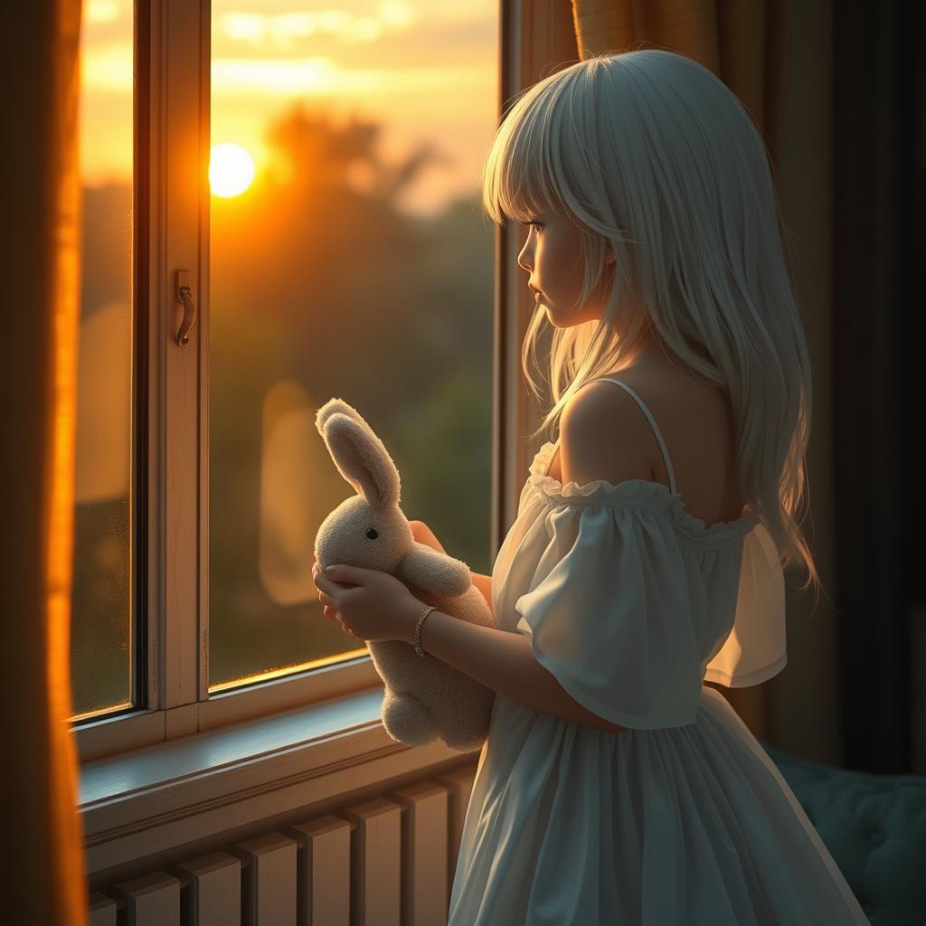 A girl with white hair wearing a flowing white dress stands by her room window, holding a rabbit doll