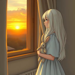 A girl with white hair wearing a flowing white dress stands by her room window, holding a rabbit doll