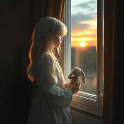 A girl with white hair wearing a flowing white dress stands by her room window, holding a rabbit doll