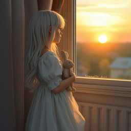 A girl with white hair wearing a flowing white dress stands by her room window, holding a rabbit doll