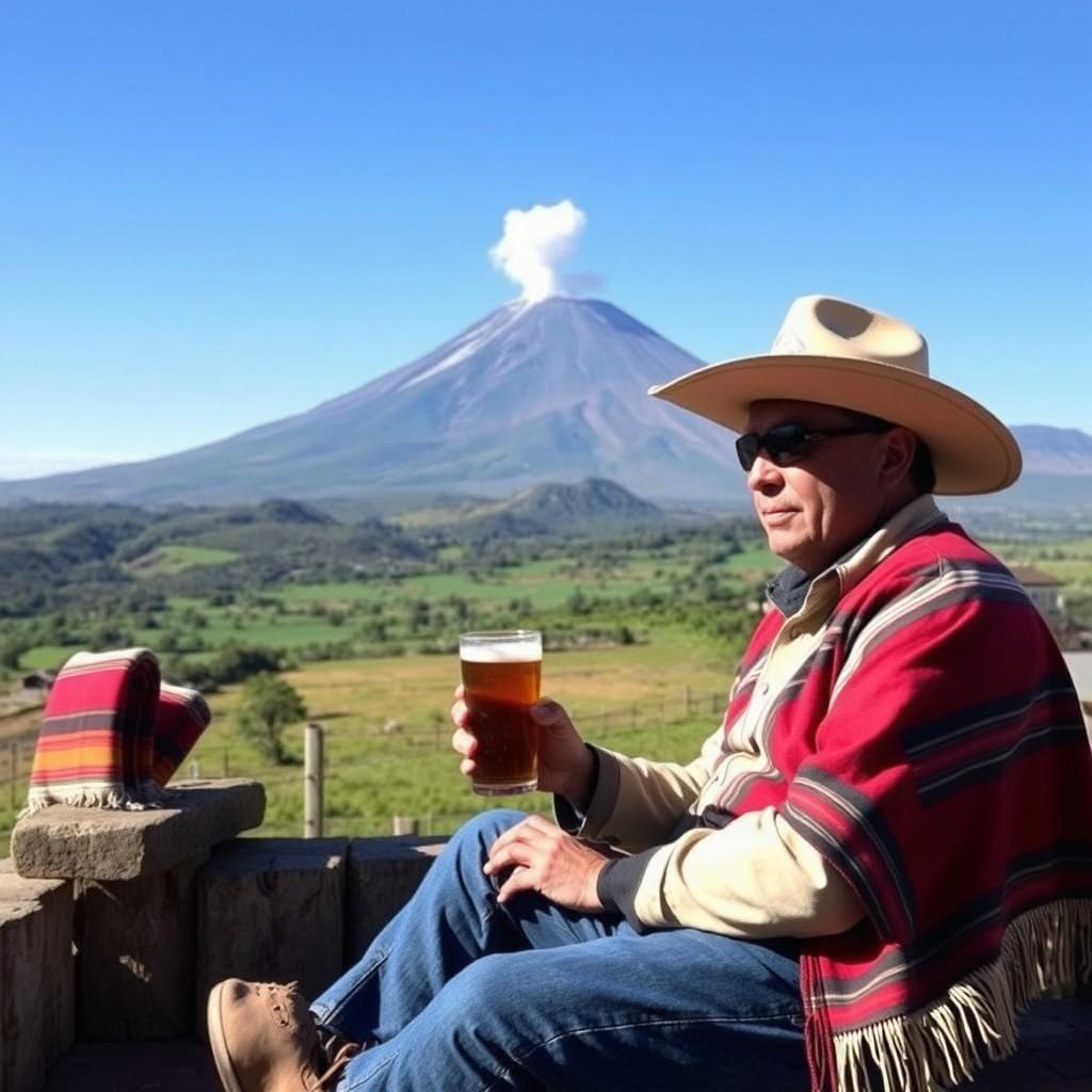 A traditional Chilean cowboy, known as a huaso, sitting relaxed and enjoying a cold beer