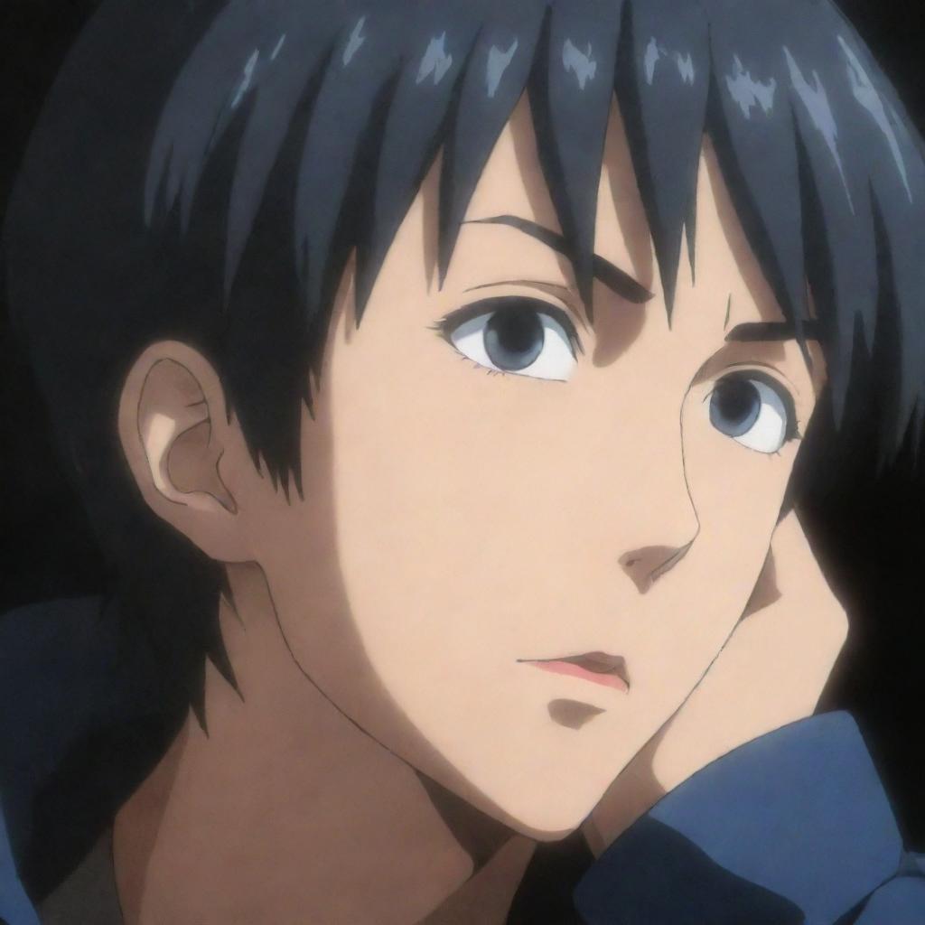 A dramatic scene featuring an anime character, looking deeply thoughtful, holding their head with an intense expression