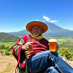 A traditional Chilean cowboy, known as a huaso, sitting relaxed and enjoying a cold beer