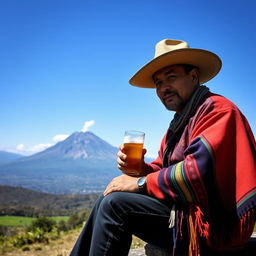 A traditional Chilean cowboy, known as a huaso, sitting relaxed and enjoying a cold beer