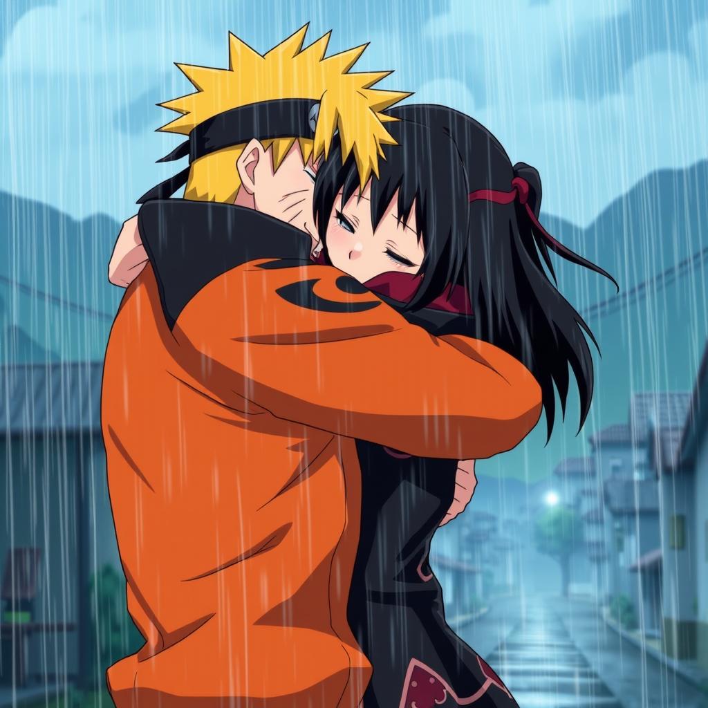 Sarada Uchiha hugging Naruto Uzumaki under a heavy rainstorm