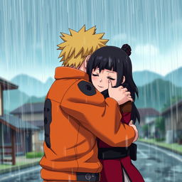 Sarada Uchiha hugging Naruto Uzumaki under a heavy rainstorm