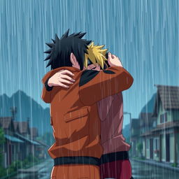 Sarada Uchiha hugging Naruto Uzumaki under a heavy rainstorm