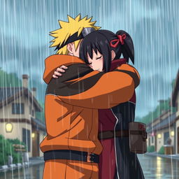 Sarada Uchiha hugging Naruto Uzumaki under a heavy rainstorm