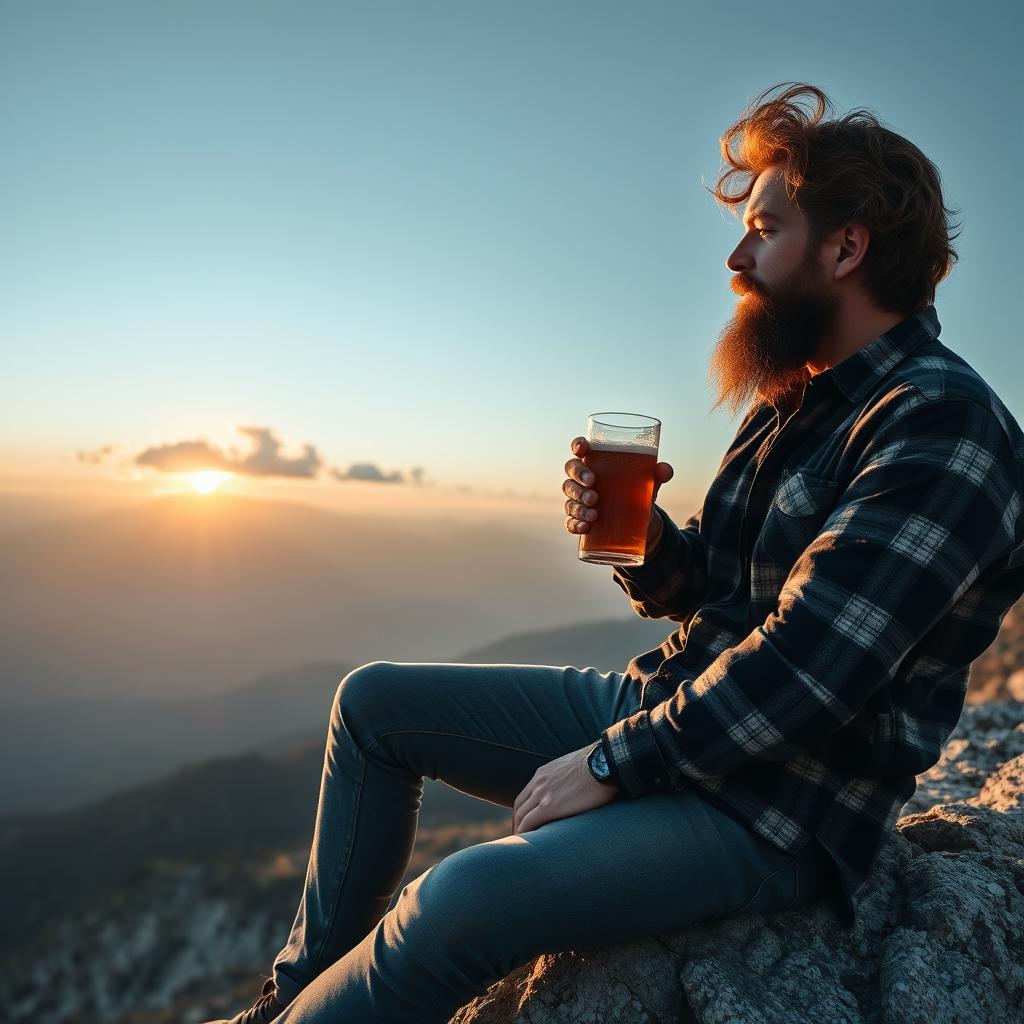 A rugged man with a beard, wearing a flannel shirt and jeans, sitting on a rocky ledge of a mountain