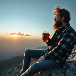 A rugged man with a beard, wearing a flannel shirt and jeans, sitting on a rocky ledge of a mountain