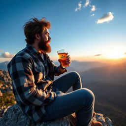 A rugged man with a beard, wearing a flannel shirt and jeans, sitting on a rocky ledge of a mountain