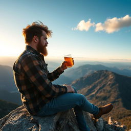 A rugged man with a beard, wearing a flannel shirt and jeans, sitting on a rocky ledge of a mountain