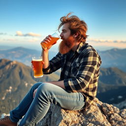 A rugged man with a beard, wearing a flannel shirt and jeans, sitting on a rocky ledge of a mountain