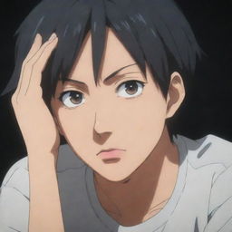 A dramatic scene featuring an anime character, looking deeply thoughtful, holding their head with an intense expression