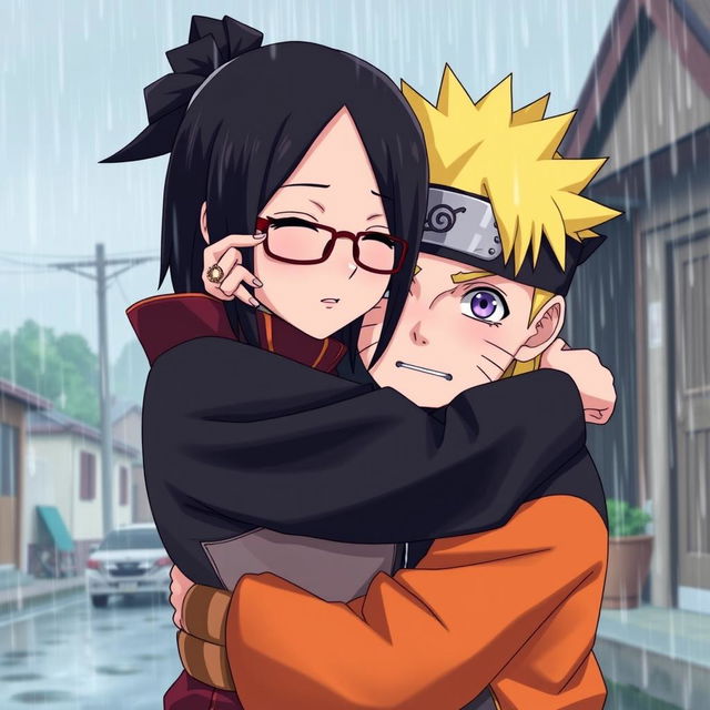 Uchiha Sarada is hugging Naruto Uzumaki under a gentle rain