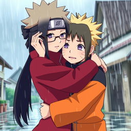 Uchiha Sarada is hugging Naruto Uzumaki under a gentle rain