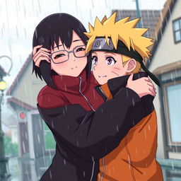 Uchiha Sarada is hugging Naruto Uzumaki under a gentle rain