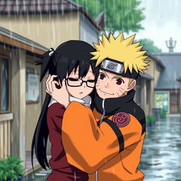 Uchiha Sarada is hugging Naruto Uzumaki under a gentle rain