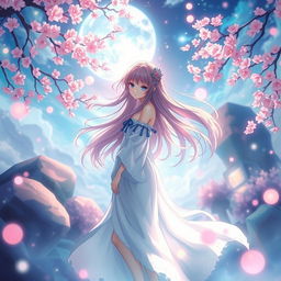 A beautiful and ethereal anime-style dreamscape featuring a serene female character with flowing hair standing amidst a vivid and fantastical environment, surrounded by glowing orbs and cherry blossoms in the breeze, capturing her peaceful essence with elegance