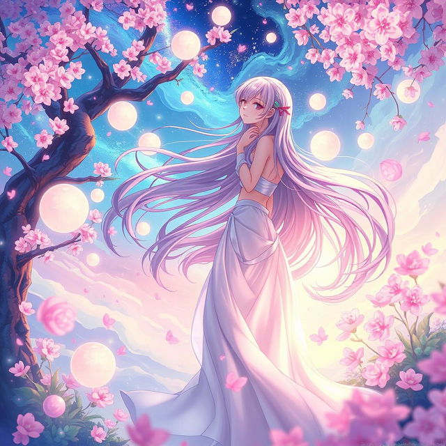 A beautiful and ethereal anime-style dreamscape featuring a serene female character with flowing hair standing amidst a vivid and fantastical environment, surrounded by glowing orbs and cherry blossoms in the breeze, capturing her peaceful essence with elegance