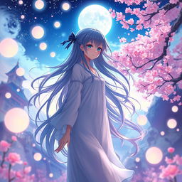 A beautiful and ethereal anime-style dreamscape featuring a serene female character with flowing hair standing amidst a vivid and fantastical environment, surrounded by glowing orbs and cherry blossoms in the breeze, capturing her peaceful essence with elegance