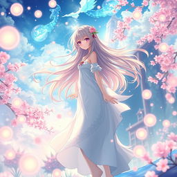 A beautiful and ethereal anime-style dreamscape featuring a serene female character with flowing hair standing amidst a vivid and fantastical environment, surrounded by glowing orbs and cherry blossoms in the breeze, capturing her peaceful essence with elegance