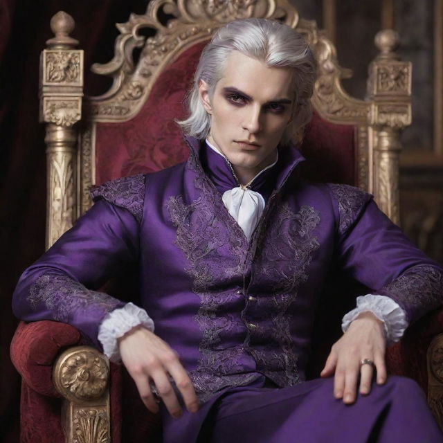 A young vampire king with silvery hair and piercing red eyes, dressed in exquisite violet noble clothes, sitting confidently on his ornate throne.